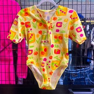 Oilily Yellow Floral Print Button Front S/s Bodysuit